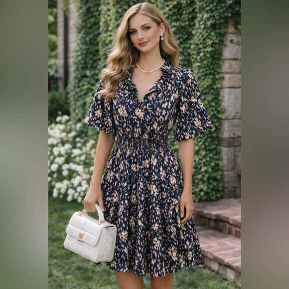 THML Navy and Tan Shirred Waist Puff Sleeve Midi Dress, S - Picture 2 of 13